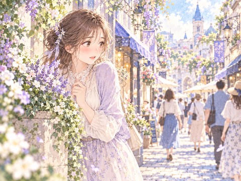 商店街の道端で通行人を気にして焦る女性