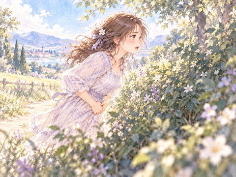 尿意を我慢しながら草むらへ急ぐ女性