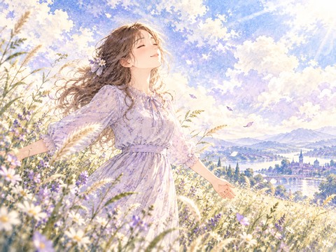 草むらから出て晴れやかな顔で深呼吸する女性