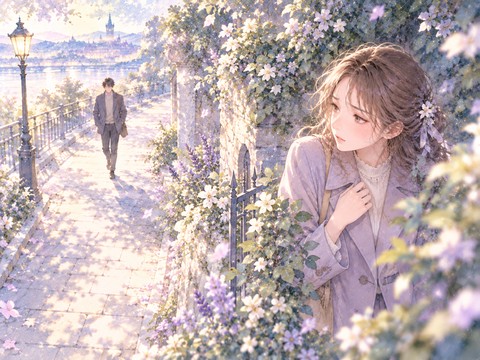 道端の草むらで人影を気にして立ち止まる女性