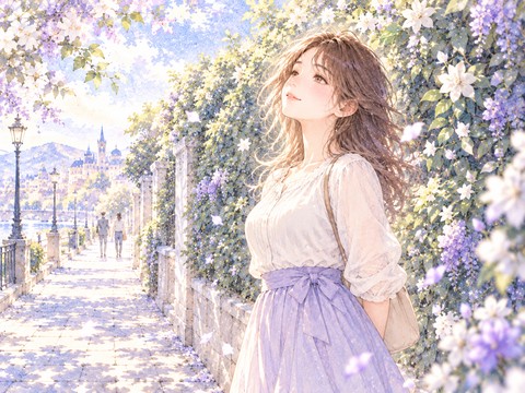 通行人がいる小道の茂みで堂々としている女性
