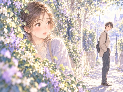 草むらの陰で通行人に気づかれ赤面する女性