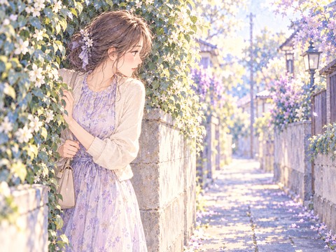 道沿いの物陰に身を隠し人が来ないか確かめる女性