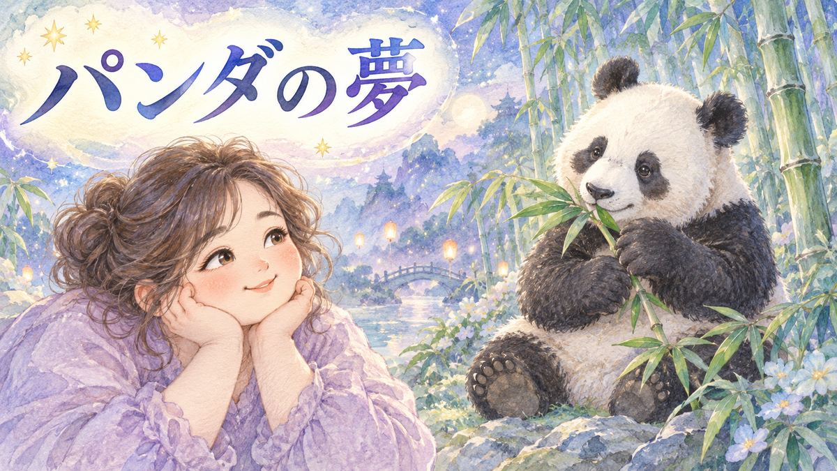 夢のような竹林で白黒のパンダを優しく見つめる女性