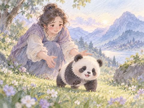 草の上でよちよち歩く小さな赤ちゃんパンダを見守る女性