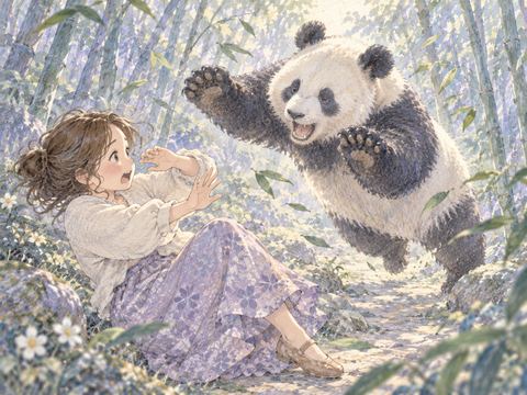 突然飛びかかってくるパンダに驚いて身を引く女性