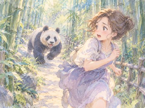 竹林の道でパンダに追いかけられ必死に走る女性