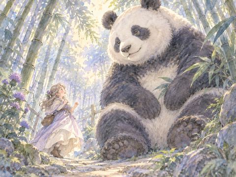 目の前に現れた巨大な白黒のパンダを驚いて見上げる女性