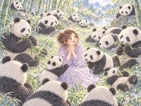 何匹ものパンダに囲まれて驚きながら微笑む女性