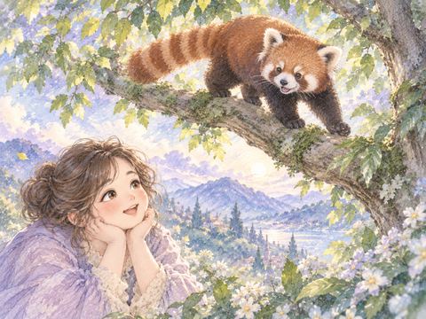 木の枝を歩く赤茶色のレッサーパンダを見上げる女性
