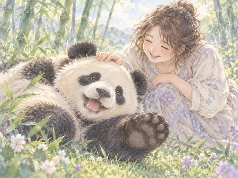 草の上でパンダの頭を優しく撫でながら笑い合う女性