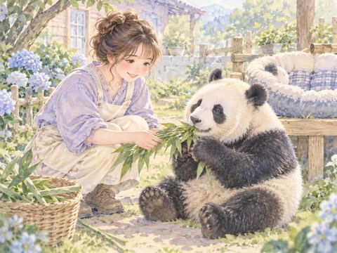 自宅の庭でパンダに竹を与え、優しく世話をする女性
