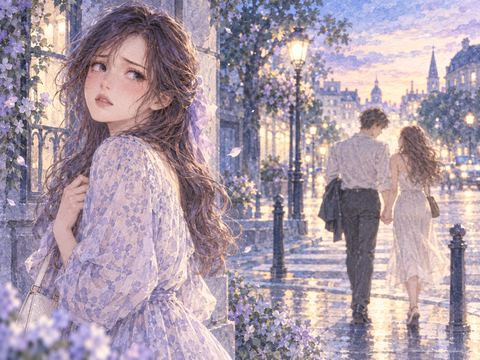 デート中に恋人が別の女性と手をつなぎ去る姿を見つめるアザミ