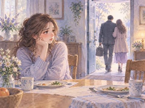 別の女性と家を出ていく夫を食卓から寂しく見送るアザミ
