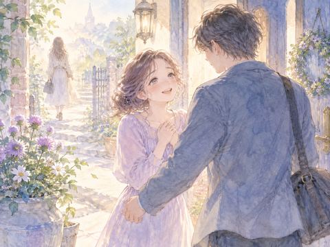 別の女性のもとから戻った恋人を涙ぐみながら迎えるアザミ