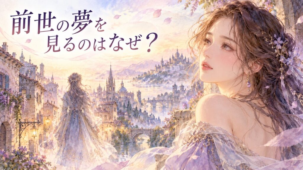 古い街並みを懐かしそうに見つめる大人の女性と別の人生の幻影