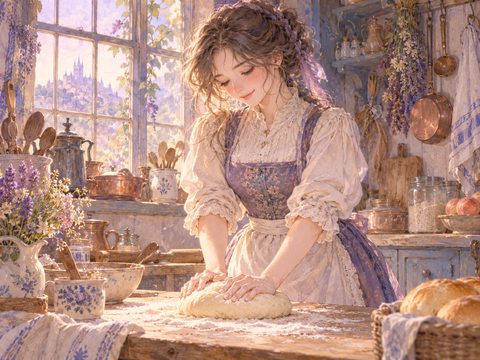 昔の衣服を着て古い家で日々の仕事をする女性