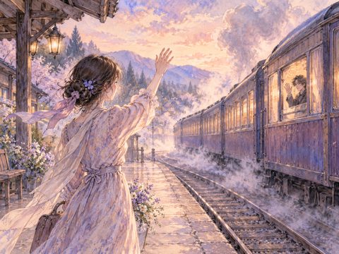 古い駅で旅立つ大切な人を涙ぐみながら見送る女性