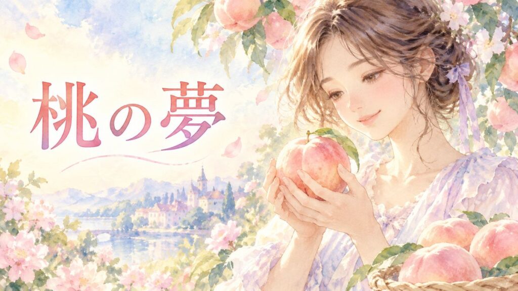 熟した桃を手に優しく見つめる大人の女性