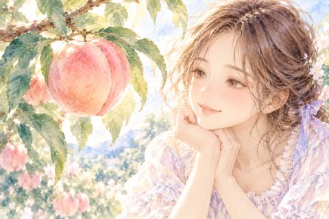 枝に実った熟した桃を見つめる大人の女性