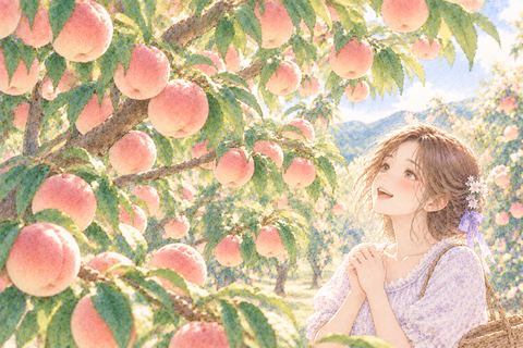たくさんの桃が実った木を喜んで見る大人の女性