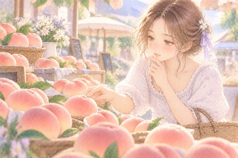 並んだたくさんの桃を前に迷う大人の女性