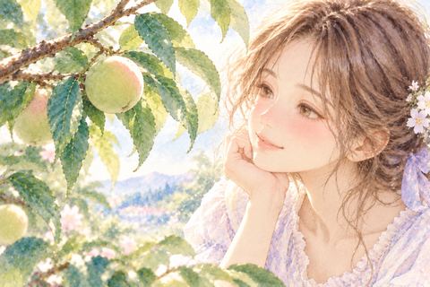 枝の青く未熟な桃を見守る大人の女性