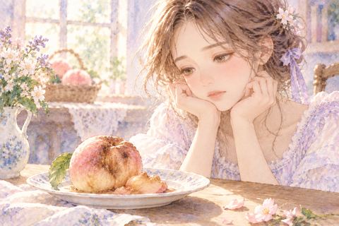 腐って崩れた桃を前に戸惑う大人の女性