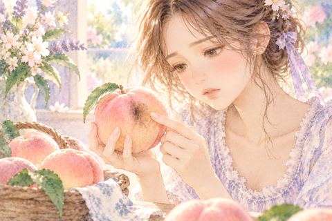 一部に傷のある桃を確かめる大人の女性