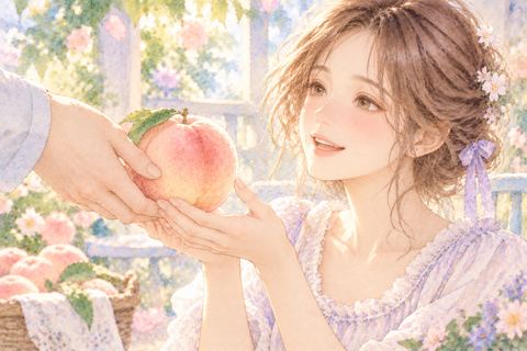 差し出された桃を笑顔で受け取る大人の女性
