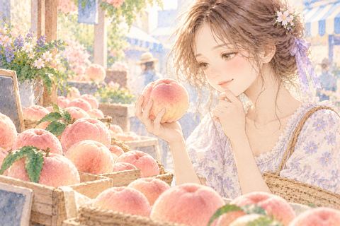 店先で桃を選ぶ大人の女性