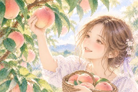 桃の木から熟した桃を収穫する大人の女性