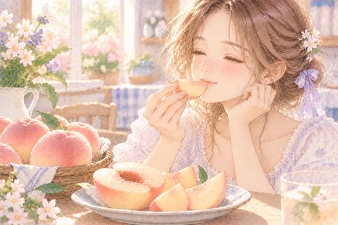 甘そうな桃を食べて満足そうな大人の女性