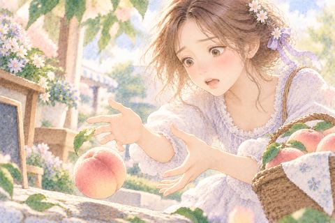 手から桃を落として慌てる大人の女性