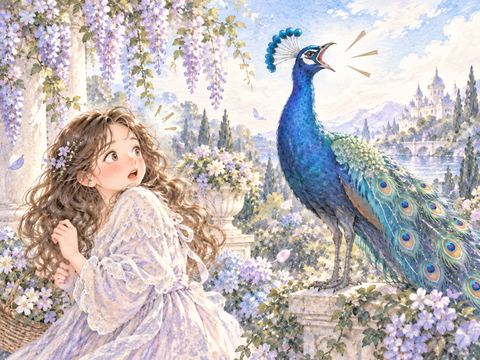庭で大きく口を開けて鳴く孔雀と驚く女性