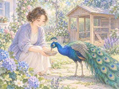 庭で飼っている孔雀に餌をあげる女性