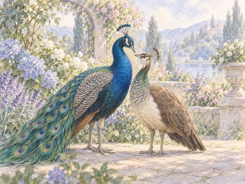 庭の花壇のそばで仲良く並ぶ雄と雌の孔雀