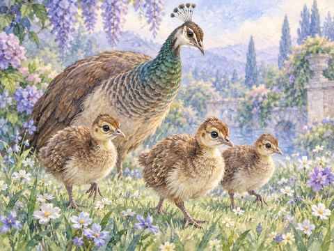 親鳥のそばを歩く小さな孔雀の雛たち