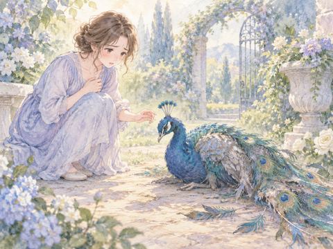 折れた飾り羽のある孔雀を心配そうに見守る女性