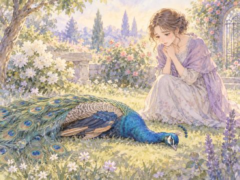 庭の草の上で動かない孔雀を悲しげに見つめる女性