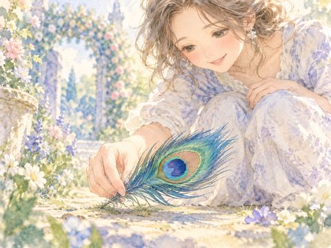 庭に落ちた美しい孔雀の羽をそっと拾う女性