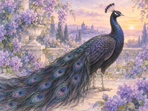 薄紫の庭で艶のある黒い羽をまとって立つ孔雀