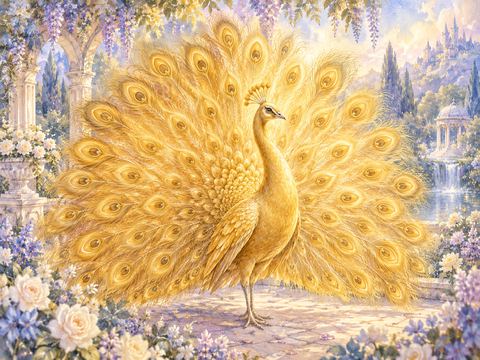 黄金色に輝く飾り羽を広げた幻想的な孔雀
