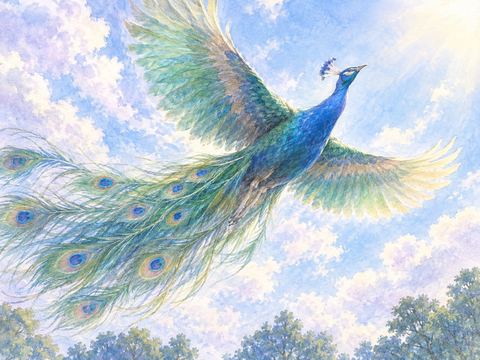 青空へ飛び立ち長い飾り羽をなびかせる孔雀