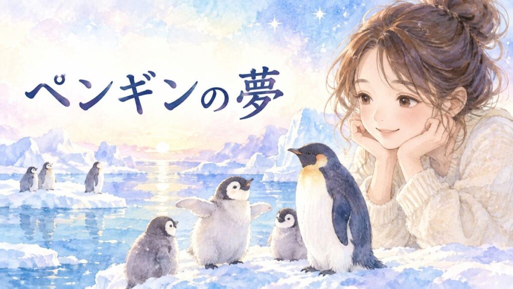夢のペンギンたちを優しく見つめる大人の女性