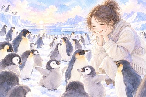 たくさんのペンギンを嬉しそうに眺める女性