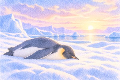静かな雪原で眠るように横たわるペンギン