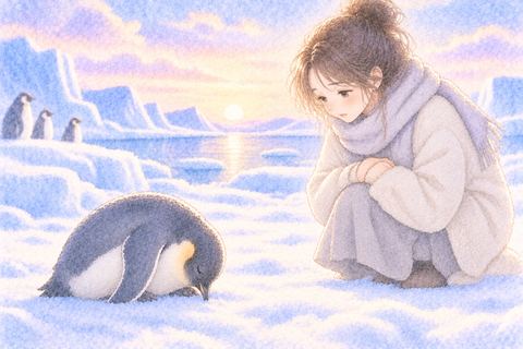 うずくまる弱ったペンギンを心配そうに見る女性
