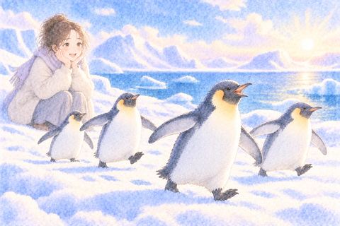 元気に歩くペンギンたちを笑顔で見る女性
