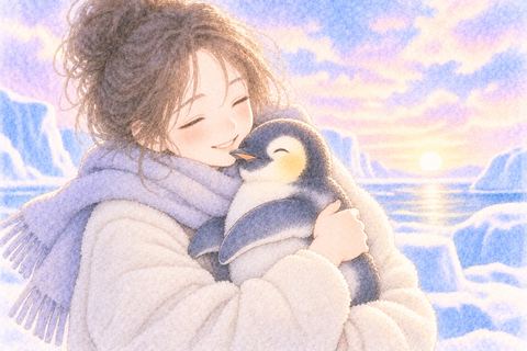 ペンギンを胸元で優しく抱っこする女性